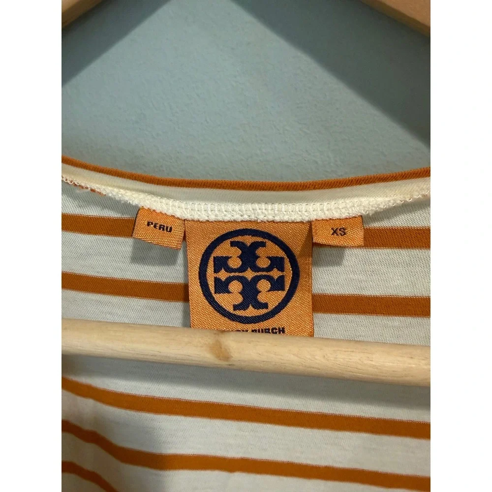 Tory Burch Orange Cream Striped Pima Cotton V-Neck T-Shirt XS‎ Short Sleeve Top